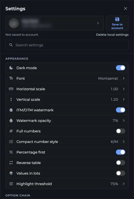 AOC Settings dialog with the Save to account button, search box and Appearance options
