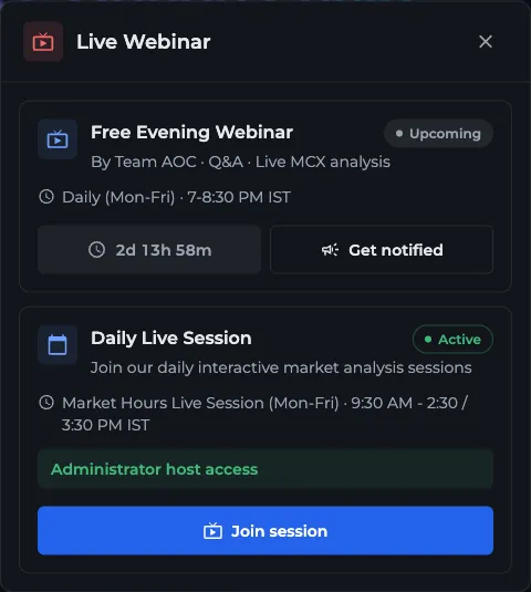 AOC Live Webinar dialog with the Free Evening Webinar countdown and the Daily Live Session card with its Join session button
