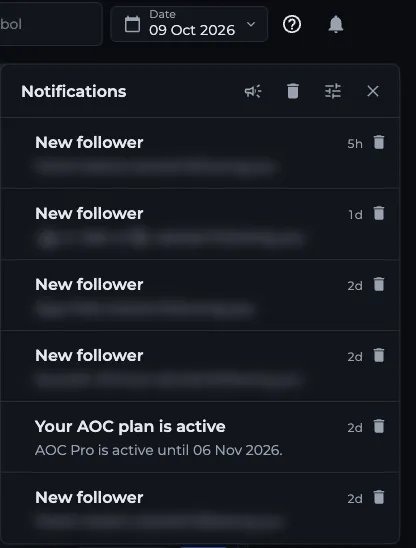 AOC notifications panel open under the bell with follower and plan alerts, Clear all and Notification settings icons