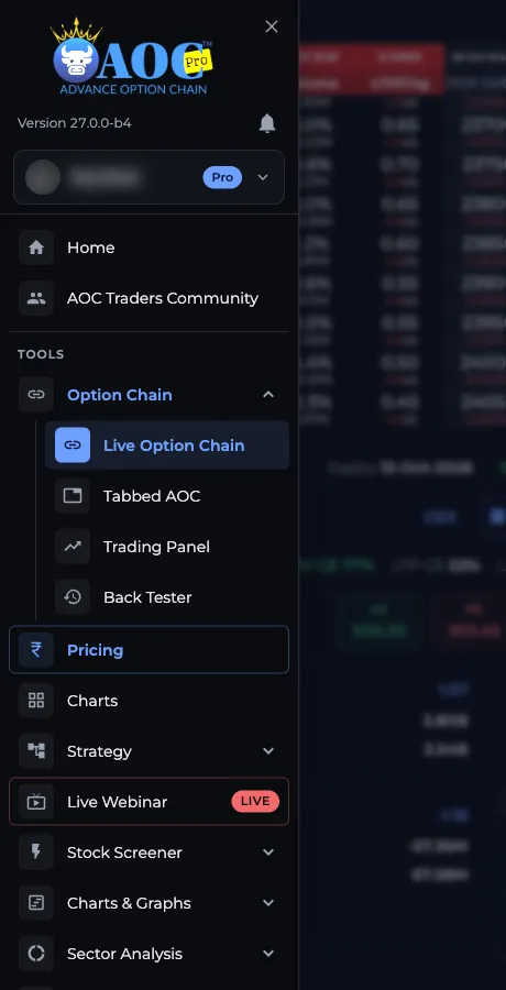 AOC side menu with the profile card, Option Chain group and the Strategy, Stock Screener and Charts & Graphs groups
