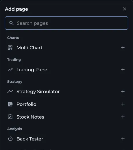 Add page list in Tabbed AOC with the Search pages box and pages grouped by Charts, Trading, Strategy and Analysis