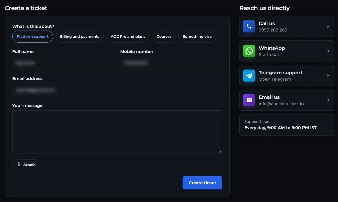 Create a ticket form on the AOC Contact Us page with topic chips, message box, Attach and Create ticket, next to the direct contact options