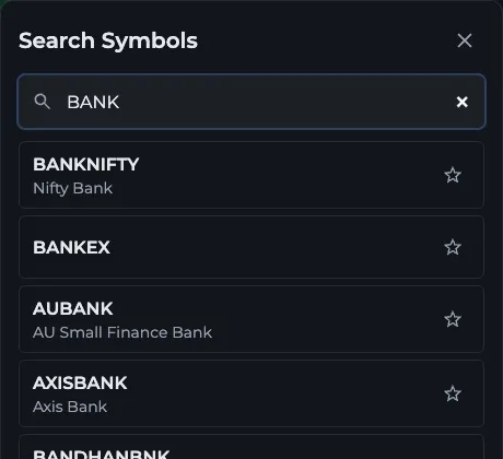 Search Symbols box in AOC filtered by BANK, listing BANKNIFTY, BANKEX and bank stocks with favourite stars